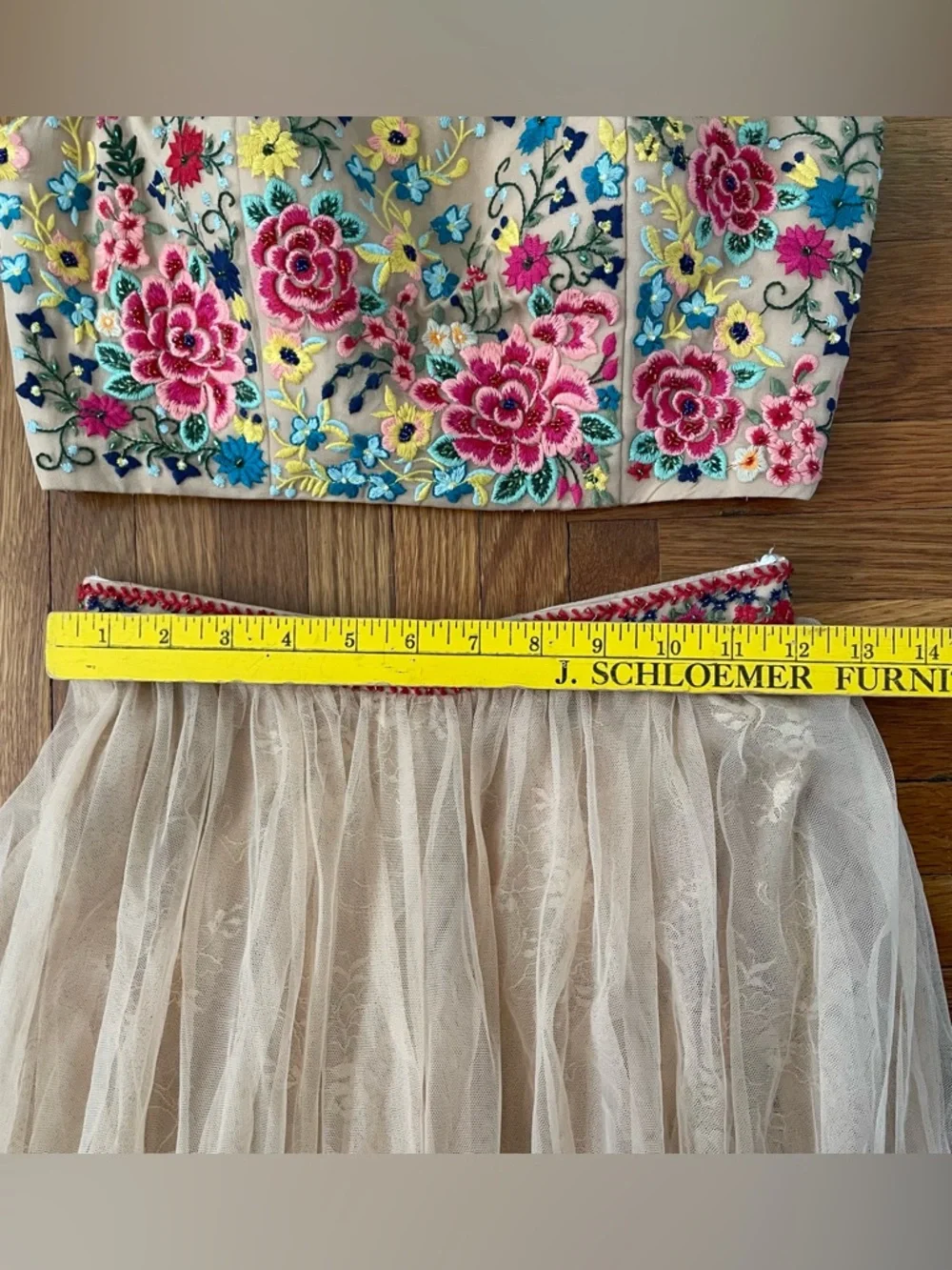 Sherri Hill Blush Lace-Trim A-Line Tulle Skirt and EmbroideredTop Prom Two-Piece - Picture 3 of 9